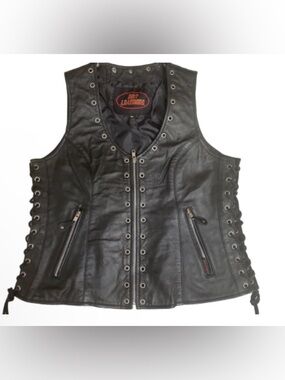 Hot leather Black Leather Lace-Up  zip front Motorcycle Vest